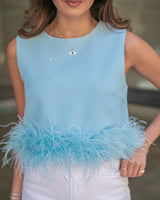FLIRTY FEATHER TOP- POWDER BLUE