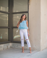 FLIRTY FEATHER TOP- POWDER BLUE